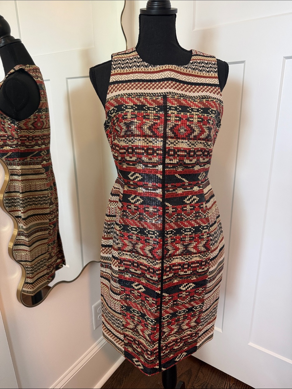 J. Crew Collection Sleeveless Midi Dress in Red, Black & Cream Tribal Jacquard